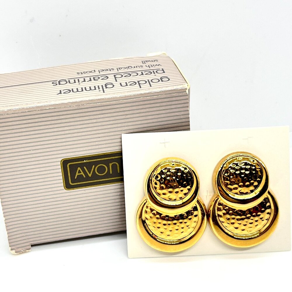 VINTAGE AVON 1991 Gold Tone Hammered Disc Earrings Pierced Sculptural Statement